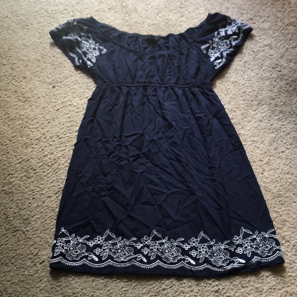Navy blue dress with white stitch detail